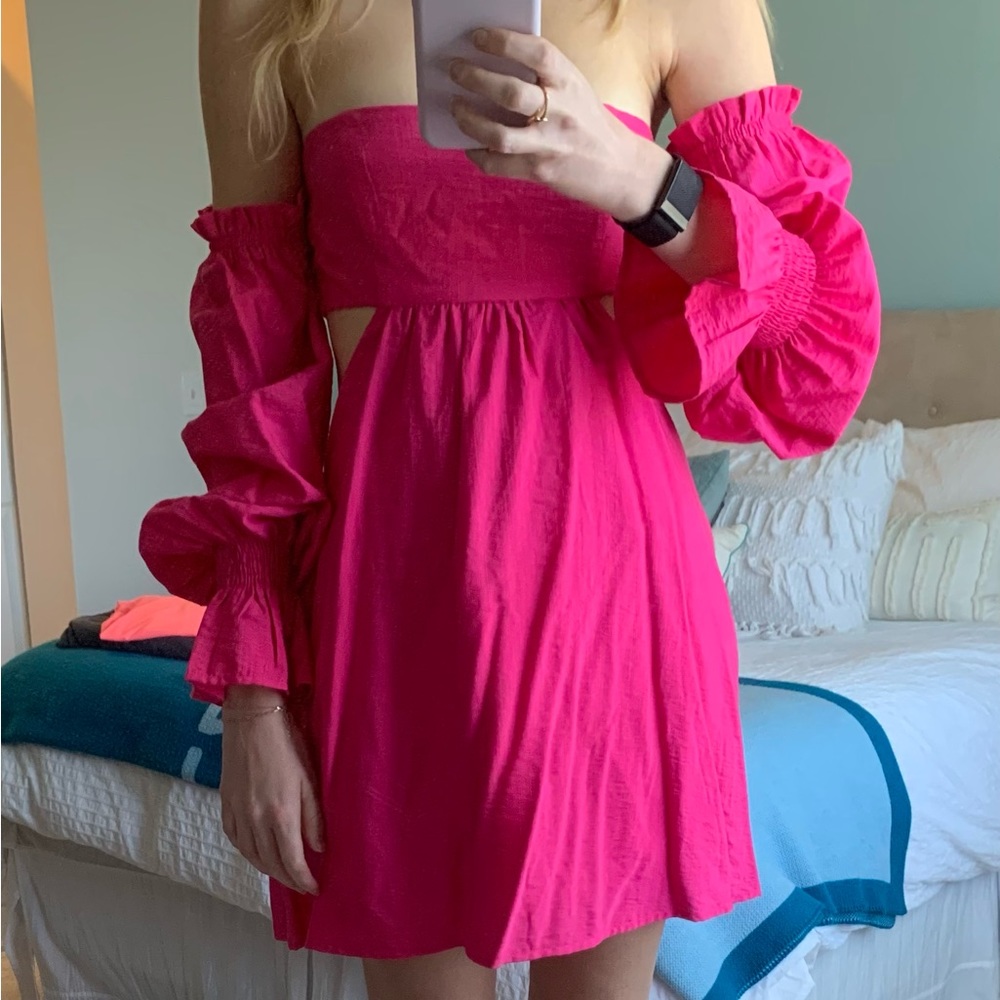 Off the shoulder, hot pink mini dress